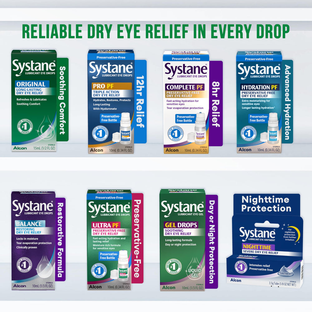 Systane persona aplicando gotas para alivio y confort