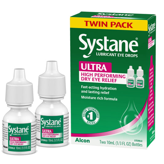 Systane Ultra paquete delantero mostrando dos frascos, alivio portátil