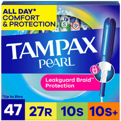 Tampax Pearl frontal del empaque mostrando cantidad y absorbencias, protección clara
