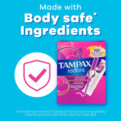 Tampax Radiant presentación con caja reciclable y certificación OEKO‑TEX