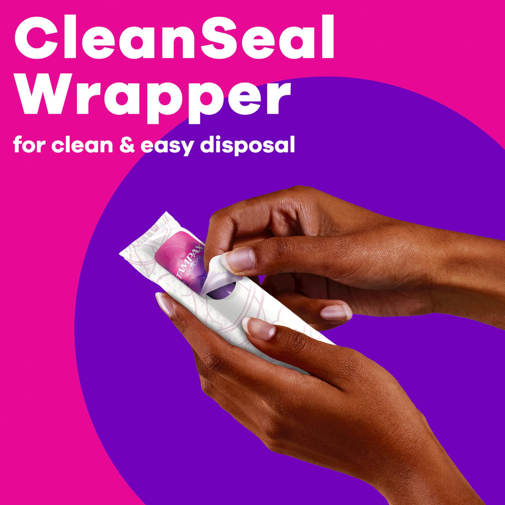 Tampax Radiant comparación de tamaño para fácil transporte