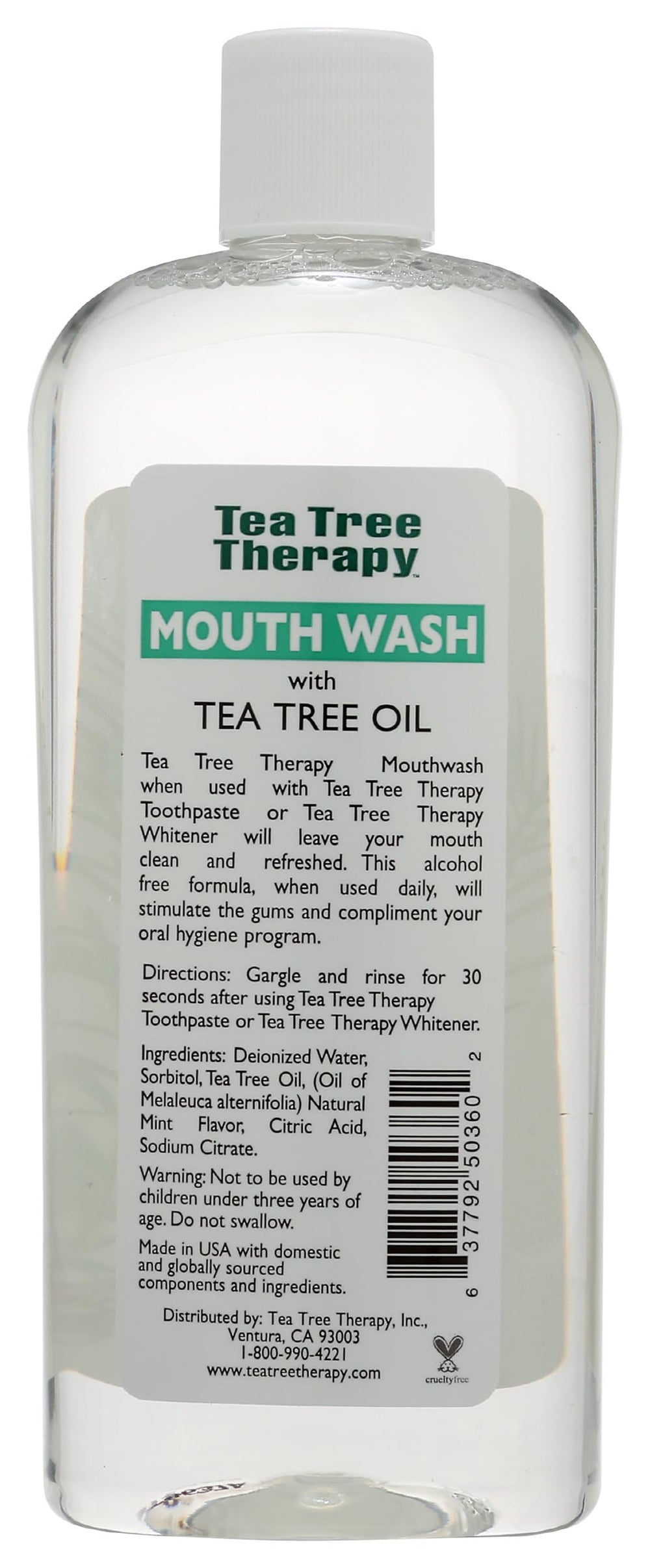 Tea Tree Therapy etiqueta legible con información y beneficios claros