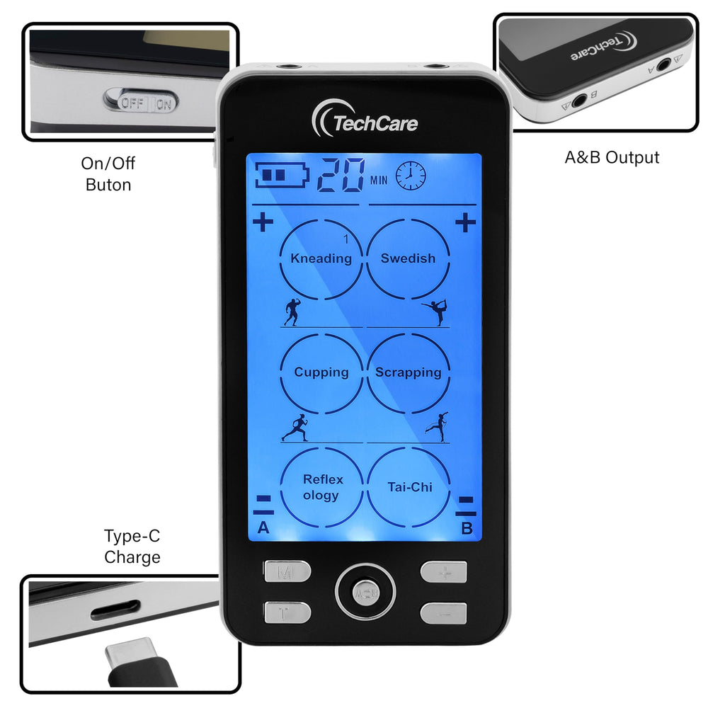 TechCare Massager cable tipo C conectado resaltando recarga rápida y autonomía