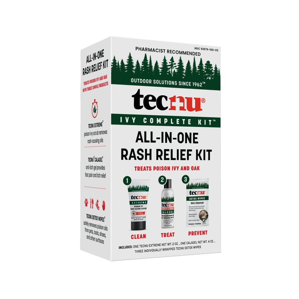 Tecnu kit presentación frontal mostrando los tres productos y portabilidad