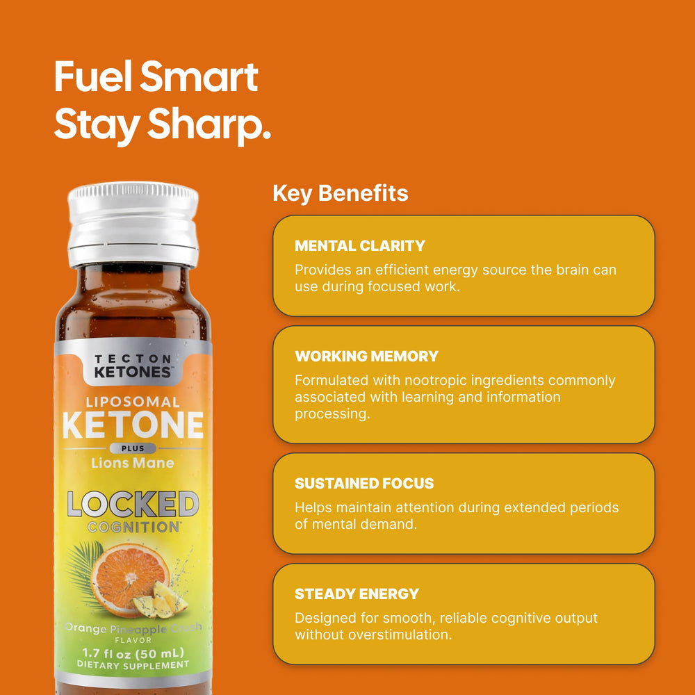 Tecton Ketones caja de 8 unidades del shot naranja‑piña mostrando empaque práctico