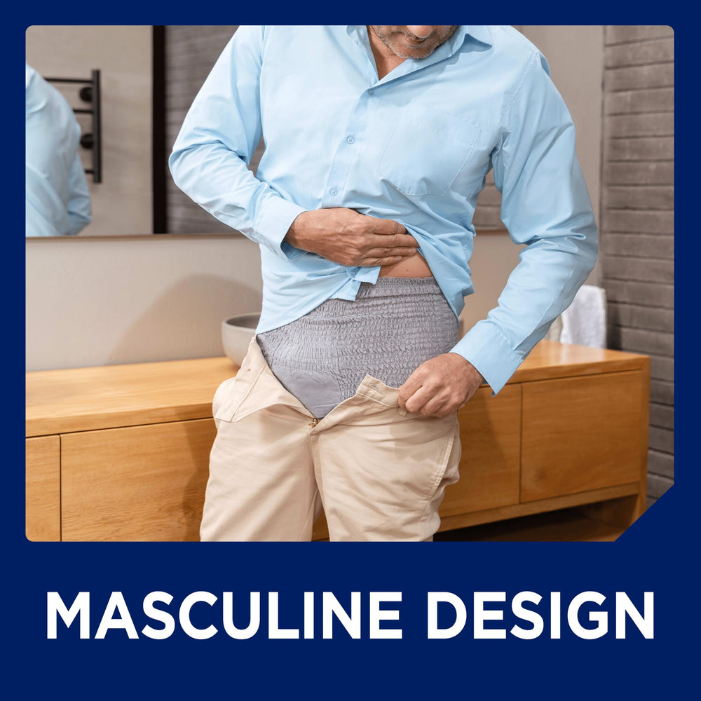 TENA hombre usando bajo pantalón mostrando discreción y confianza