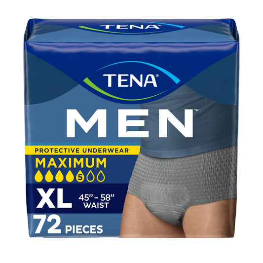 TENA paquete frontal gris mostrando 72 unidades y discreción