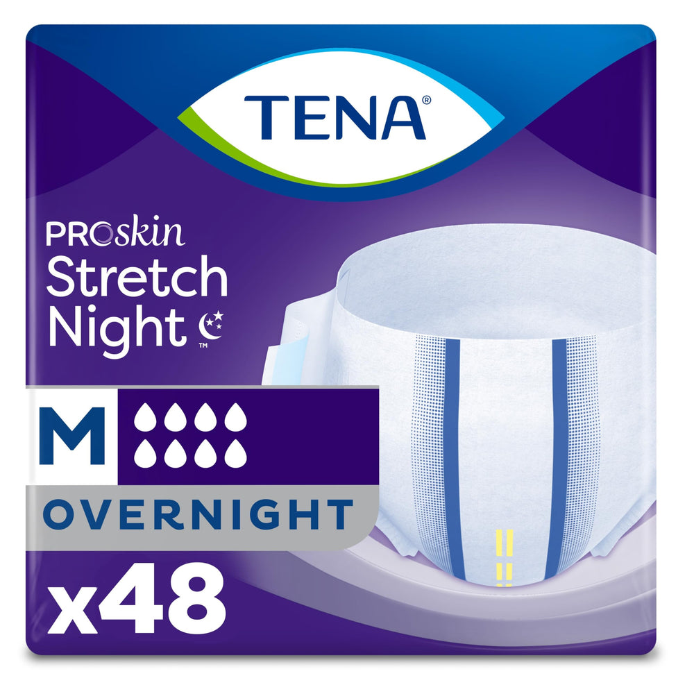 TENA frontal del pañal mostrando diseño y cobertura nocturna
