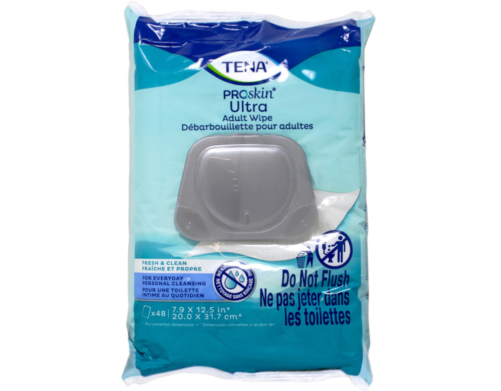 TENA ProSkin Ultra toallita desplegada demostrando superficie suave y uso versátil