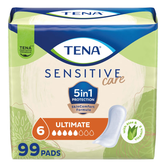 TENA paquete frontal mostrando 99 compresas y beneficio de protección continua