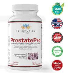 Teraputics ProstatePro ingredientes naturales sobre mesa indicando mezcla de 33 hierbas