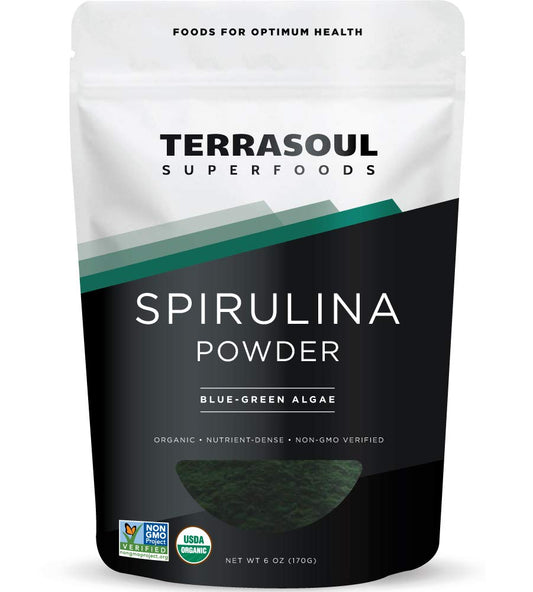 Terrasoul Superfoods frente del empaque muestra certificaciones y beneficios