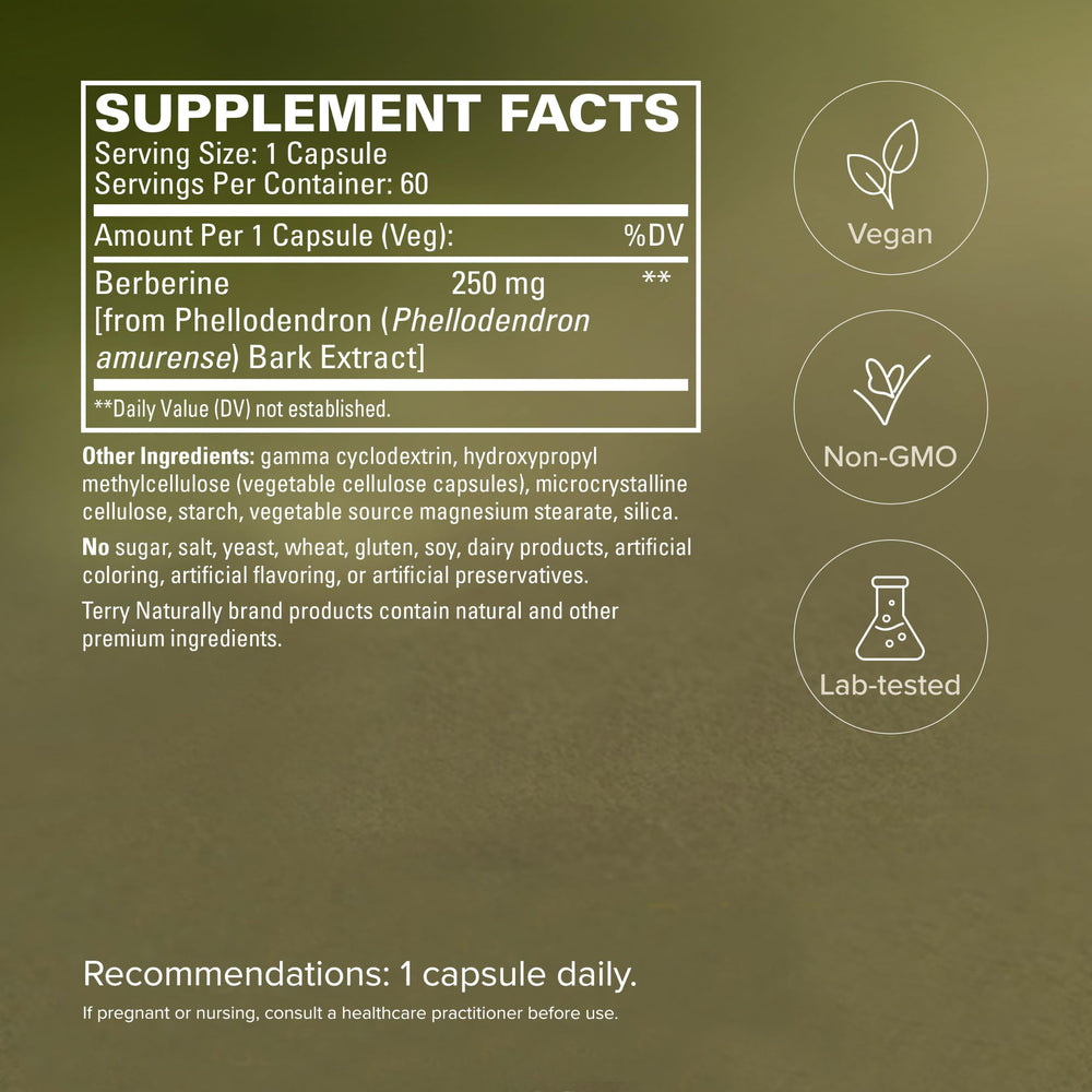 Etiqueta informativa Terry Naturally con ingredientes y dosis claras
