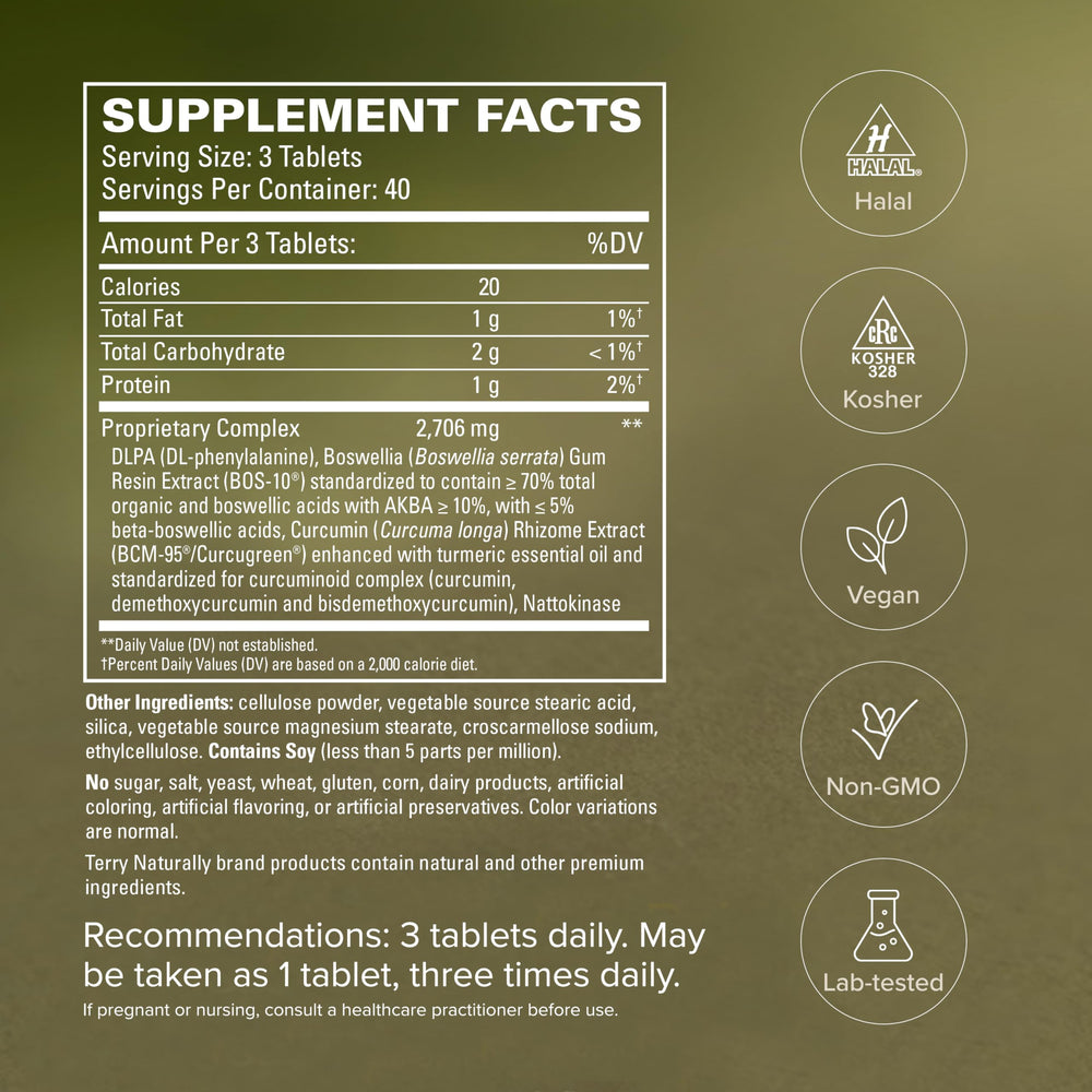 Etiqueta de Terry Naturally Curamin con lista de ingredientes para transparencia