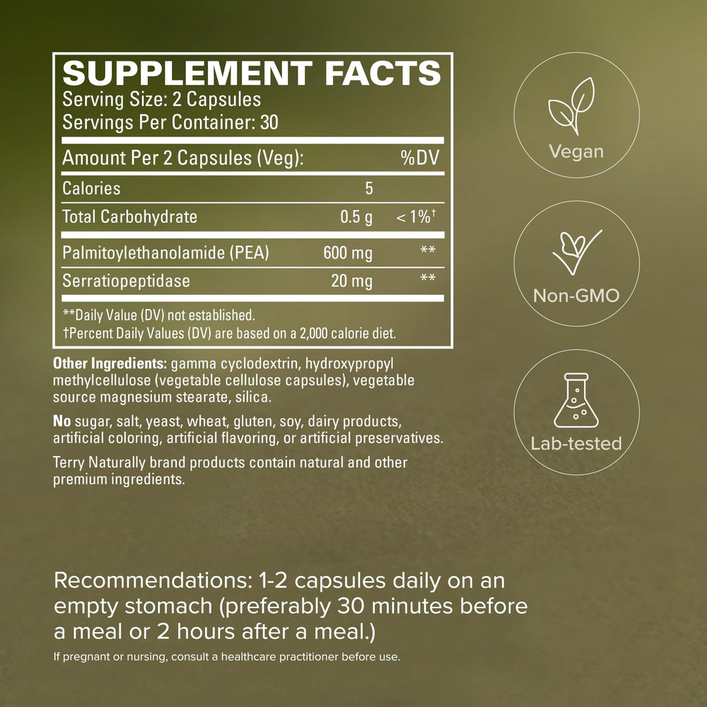 Terry Naturally etiqueta legible con ingredientes y ventajas de formulación