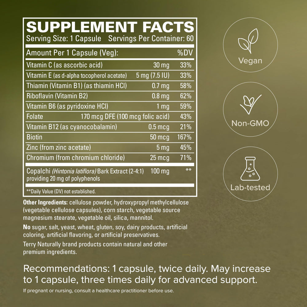 Terry Naturally etiqueta nutricional legible con vitaminas y minerales