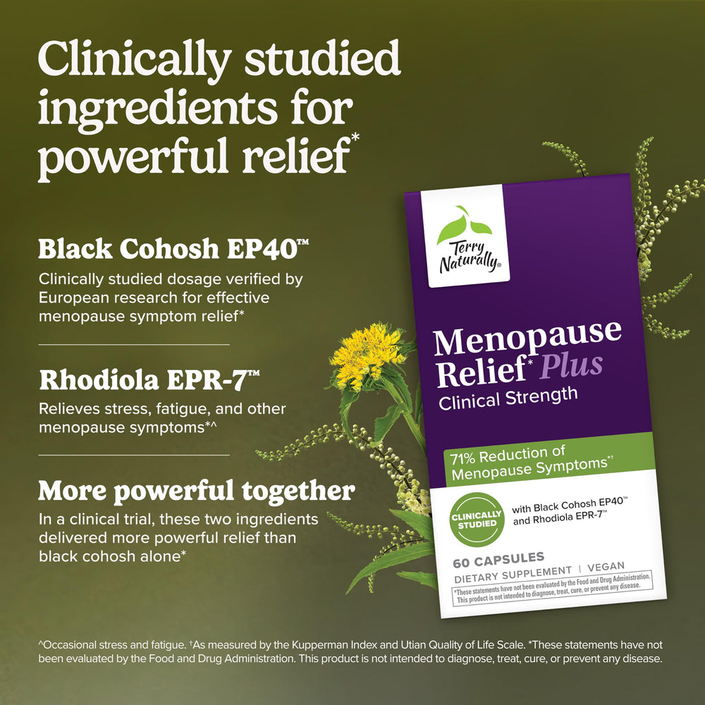 Terry Naturally imagen de black cohosh y rodiola señalando ingredientes activos