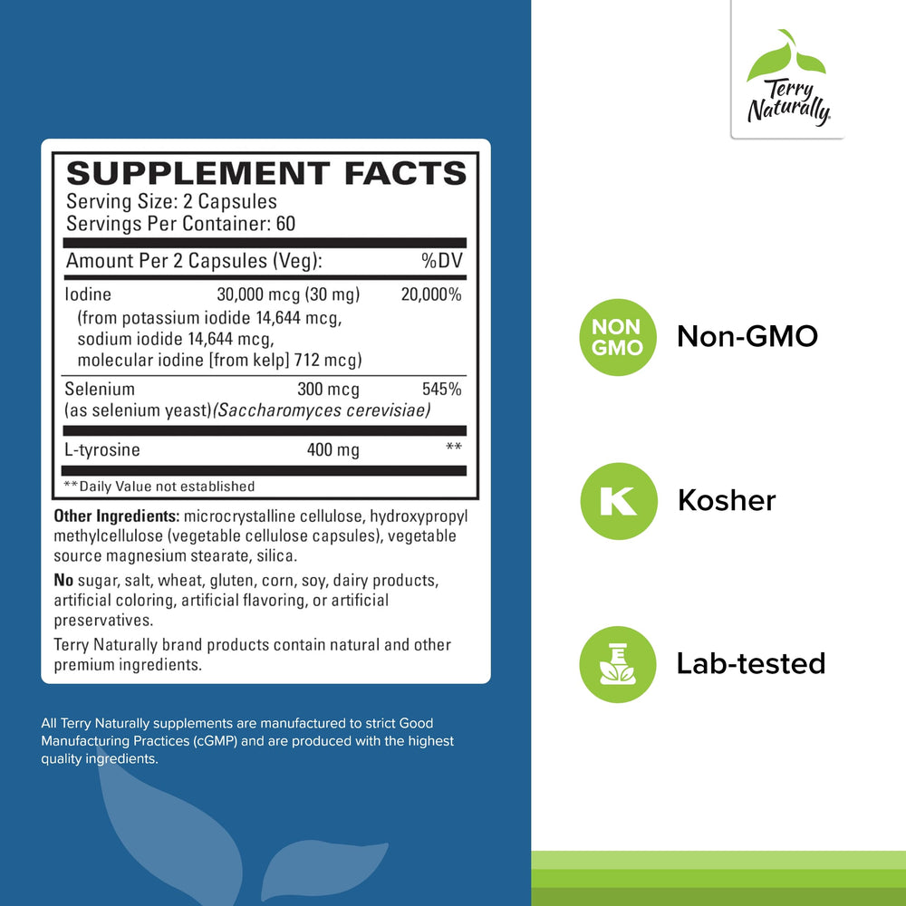 Close-up of Terry Naturally Thyroid Care Plus capsules for easy daily use