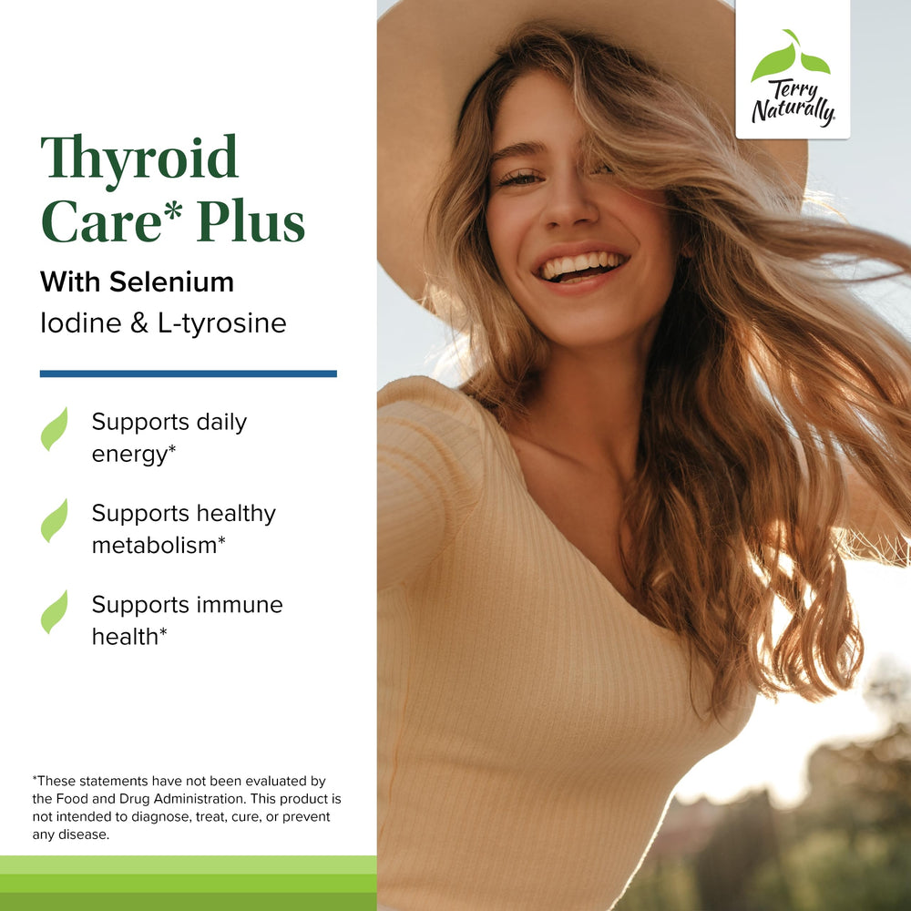 Front label of Terry Naturally Thyroid Care Plus highlighting key ingredients