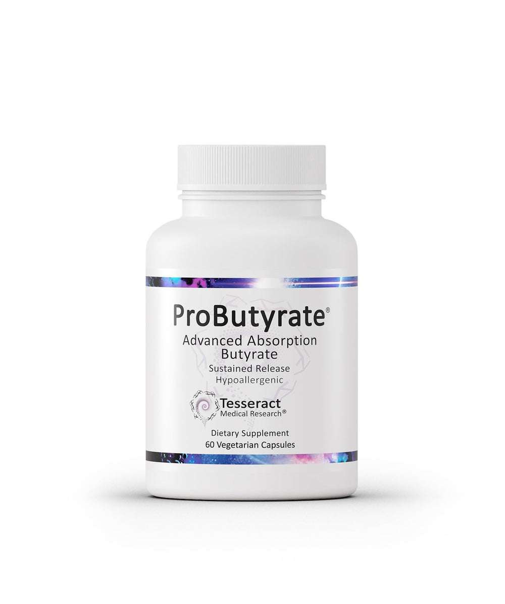 Tesseract ProButyrate botella frontal mostrando 60 cápsulas y beneficio de absorción