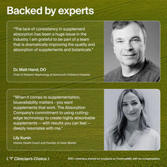 The Absorption Company ilustración de ingredientes D3 y K2 indicando acción sin grasa