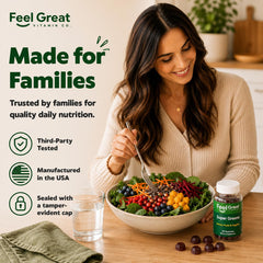 The Feel Great Vitamin Company comparación de tamaño junto a manos, frasco portátil