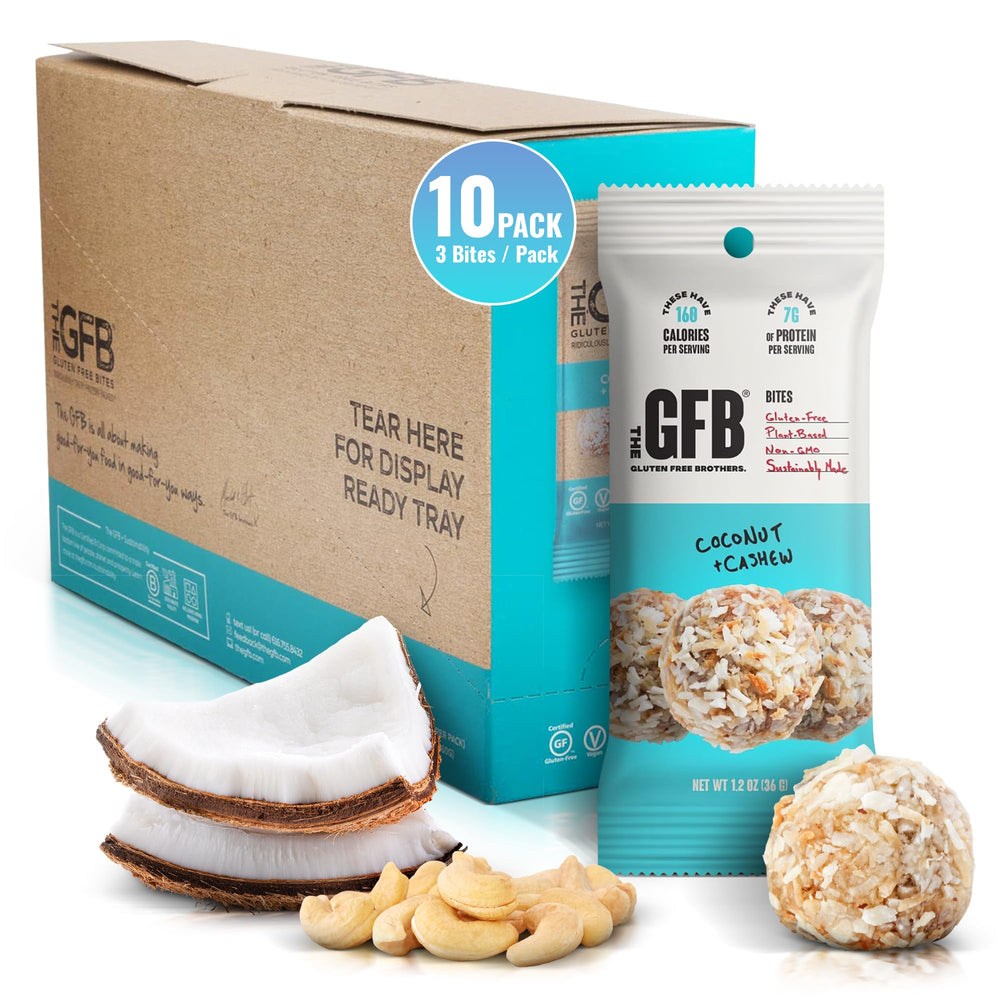The GFB Coconut Cashew Protein Bites bag close-up, on-the-go snack.