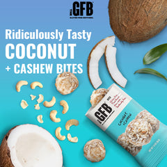 The GFB Coconut Cashew Protein Bites packaging shows a 10 x 1.2 oz bundle.