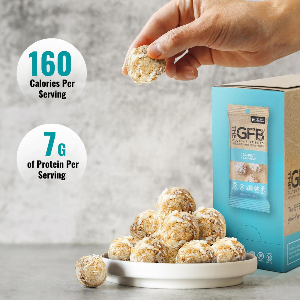 The GFB Coconut Cashew Protein Bites on hand, satisfying bite.