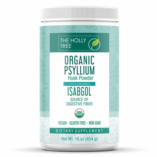 THE HOLLY TREE paquete frontal de psyllium orgánico mostrando tamaño y etiqueta