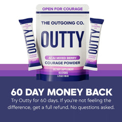 Escena social con personas conversando y Outty en la mesa, The Outgoing Co. apoyo situacional