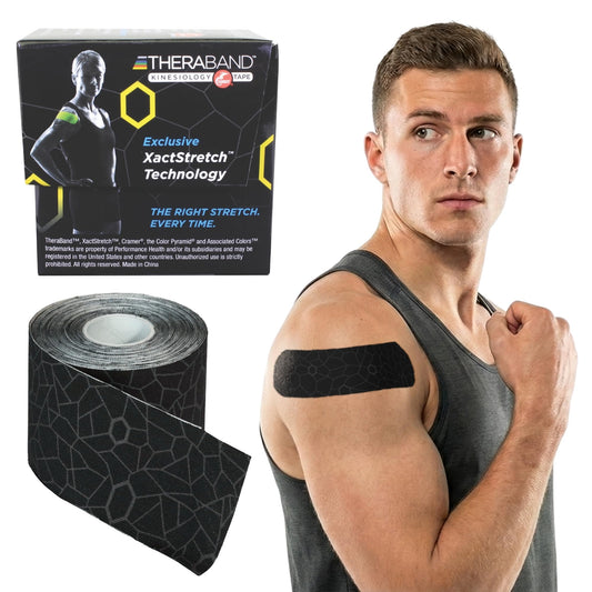 THERABAND caja delantera negra mostrando rollo y beneficios de aplicación