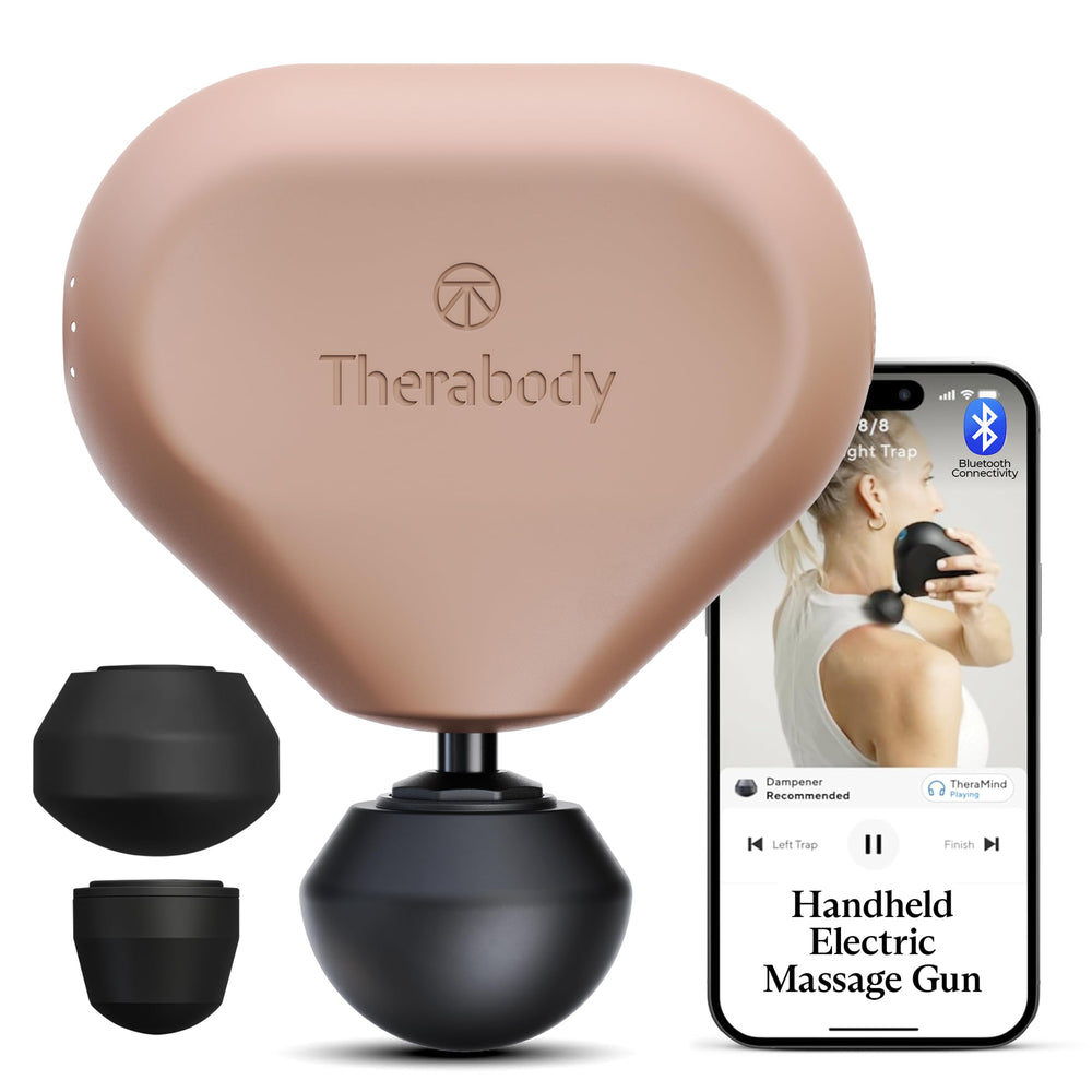 TheraGun Mini frontal Desert Rose mostrando tamaño compacto y portabilidad