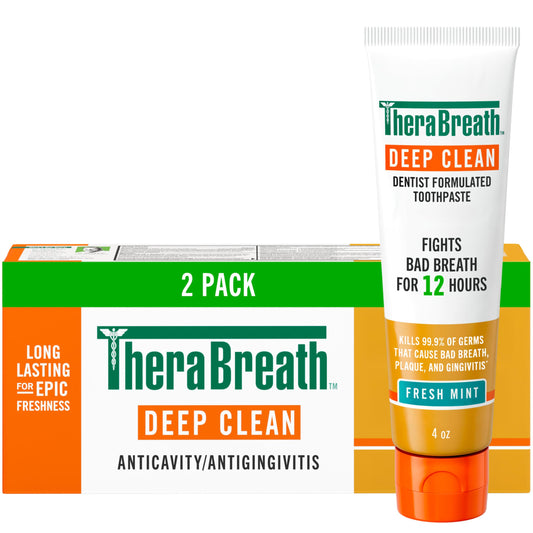 TheraBreath envase frontal Deep Clean mostrando frescor y confianza