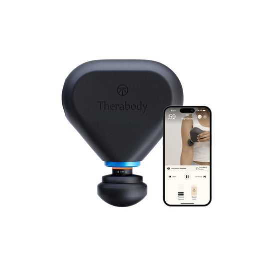 TheraGun mini plus frontal mostrando diseño compacto y fácil agarre