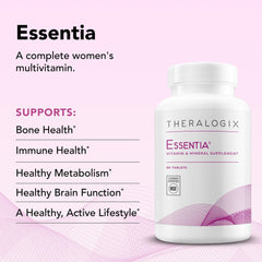 Theralogix Essentia Women bottle back, nutrition facts and key ingredients.