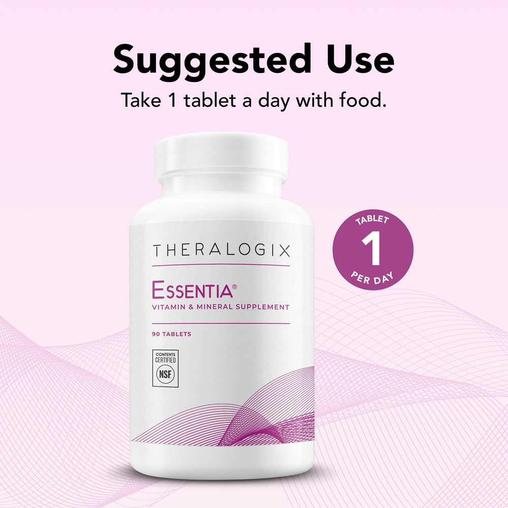 Theralogix Essentia Women label ingredients, highlights zinc, D3, C and B vitamins.