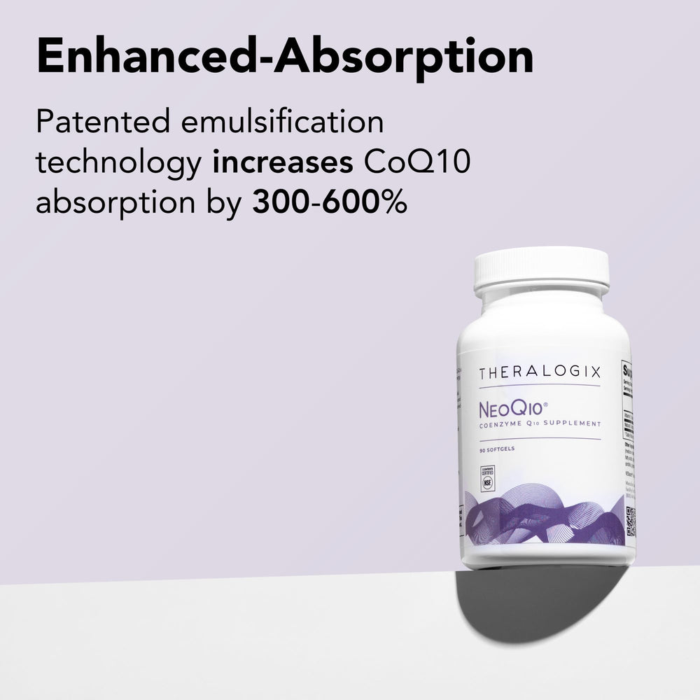 Close-up of NeoQ10 bottle label highlighting NSF certification.