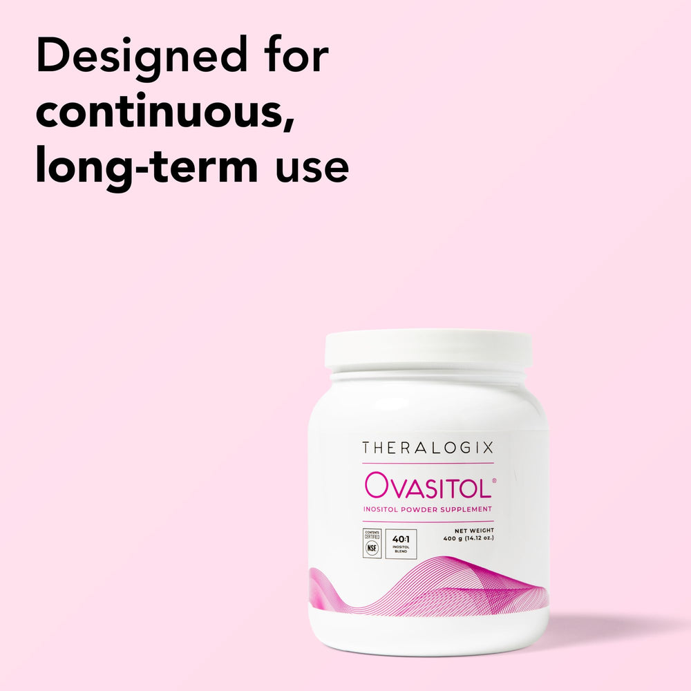 90-day supply label on Theralogix Ovasitol canister for long-term use.