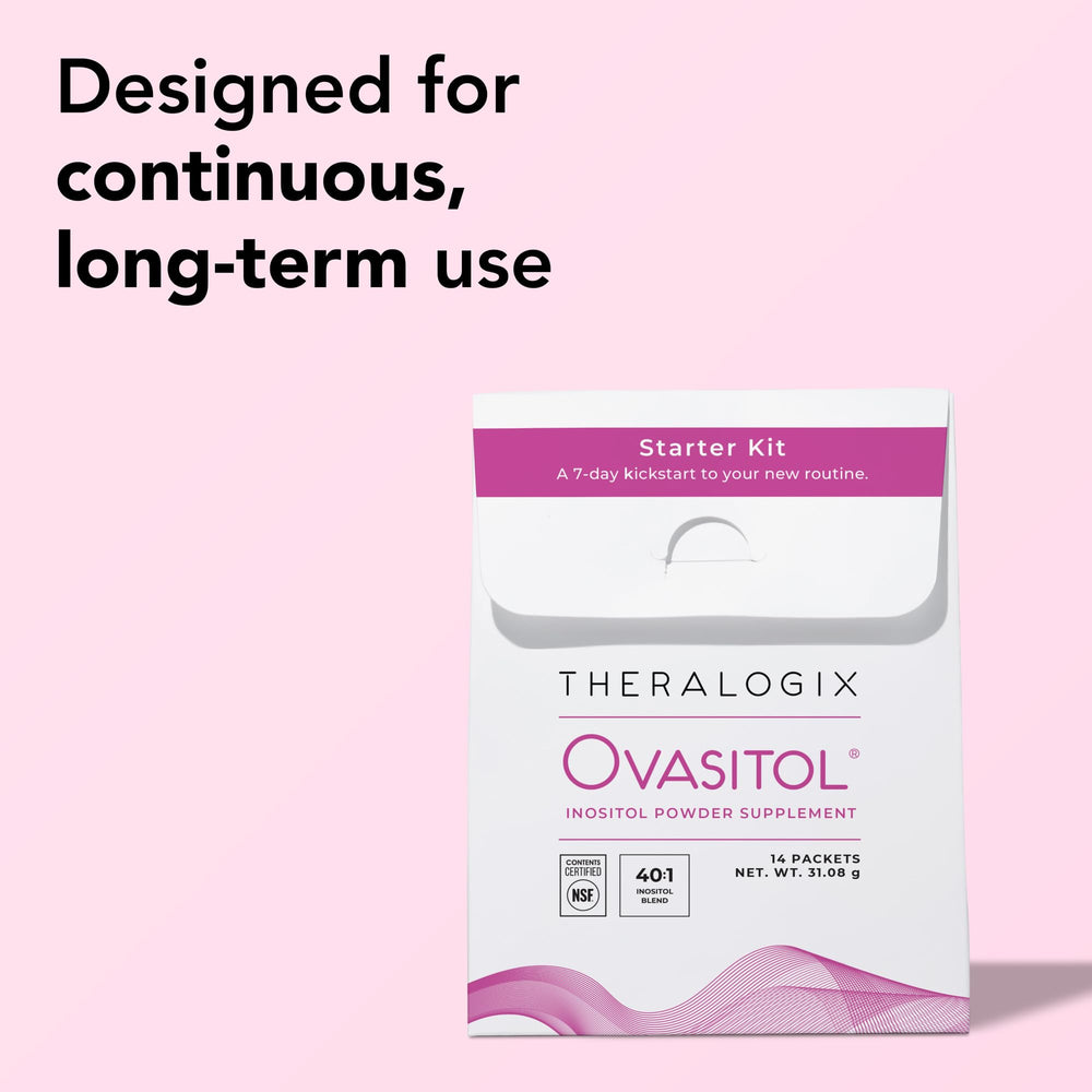 Etiqueta-envase de Theralogix Ovasitol con información de calidad.