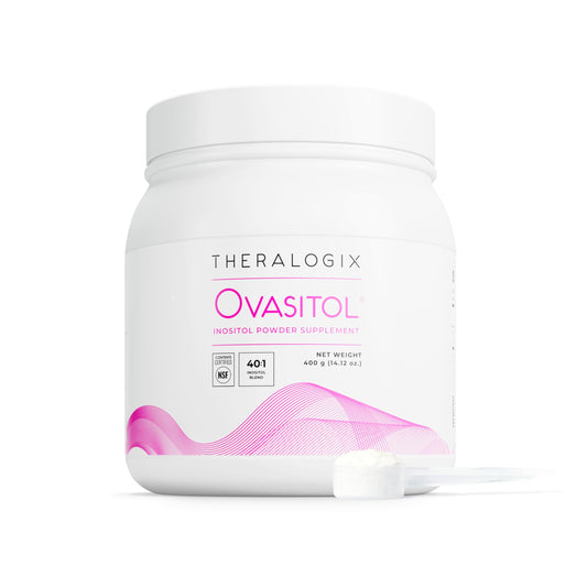 Theralogix Ovasitol powder bottle for convenient daily use in a wellness routine.