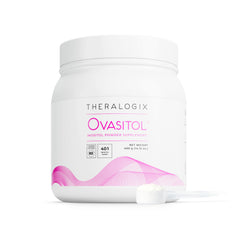 Theralogix Ovasitol powder bottle for convenient daily use in a wellness routine.