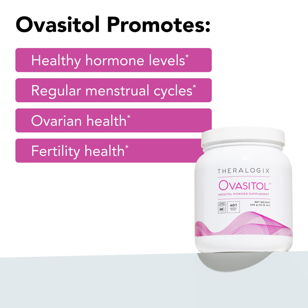 Unflavored Theralogix Ovasitol powder ready to mix in beverages or smoothies.