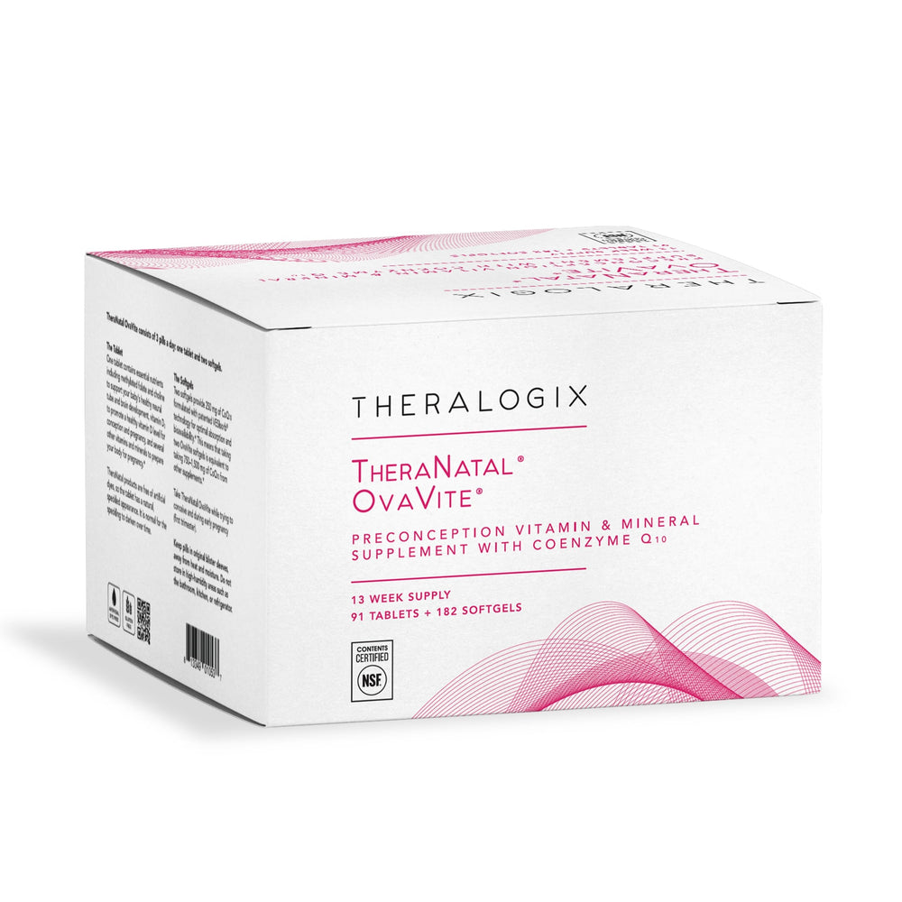 Theralogix OvaVite vista frontal mostrando envase y beneficios de preconcepción