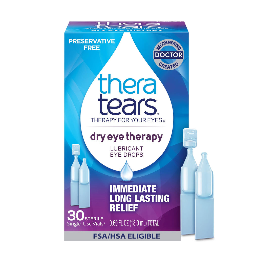 TheraTears empaque frontal con 30 viales que facilita almacenamiento y transporte