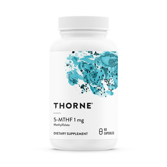 THORNE 5-MTHF: bote y etiqueta para apoyo al metabolismo saludable.