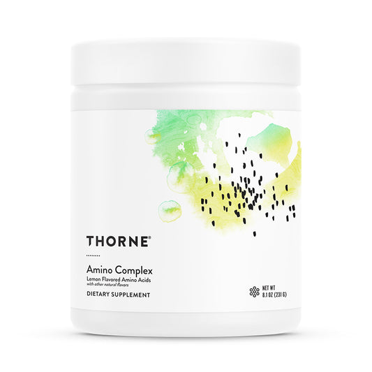 THORNE Amino Complex lata limón, perfil de aminoácidos para apoyar el rendimiento y la recuperación.