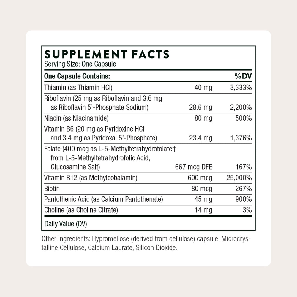 THORNE B-Complex 12 etiqueta clara, diseño legible y confiable