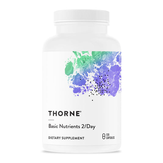 Thorne Basic Nutrients 2/Day bottle with easy daily capsules for essential support.