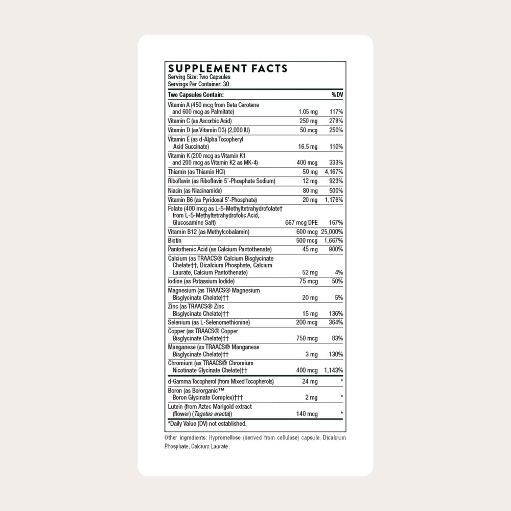 THORNE vista lateral de etiqueta con tabla de ingredientes y dosificación clara